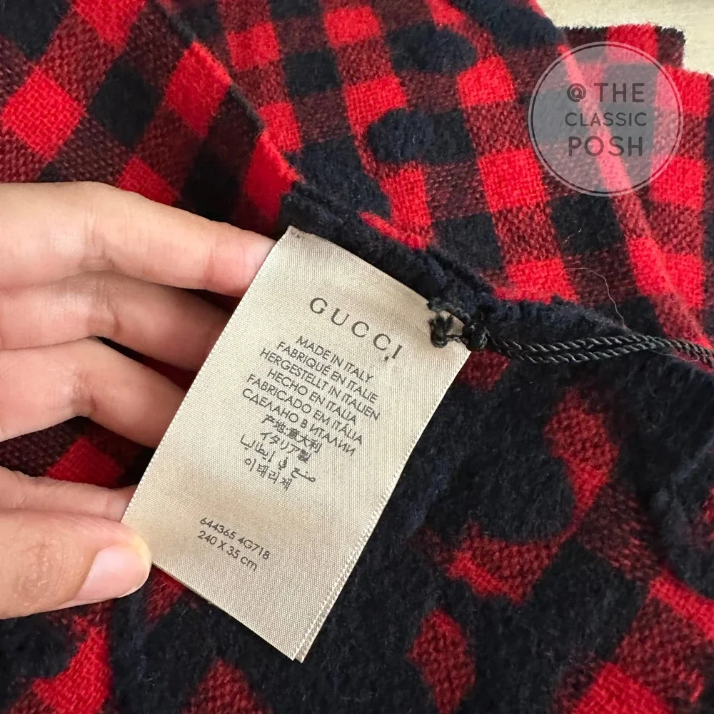NEW GUCCI Plaid Tartan Wool Scarf Stole Red Dark Blue Retails $590